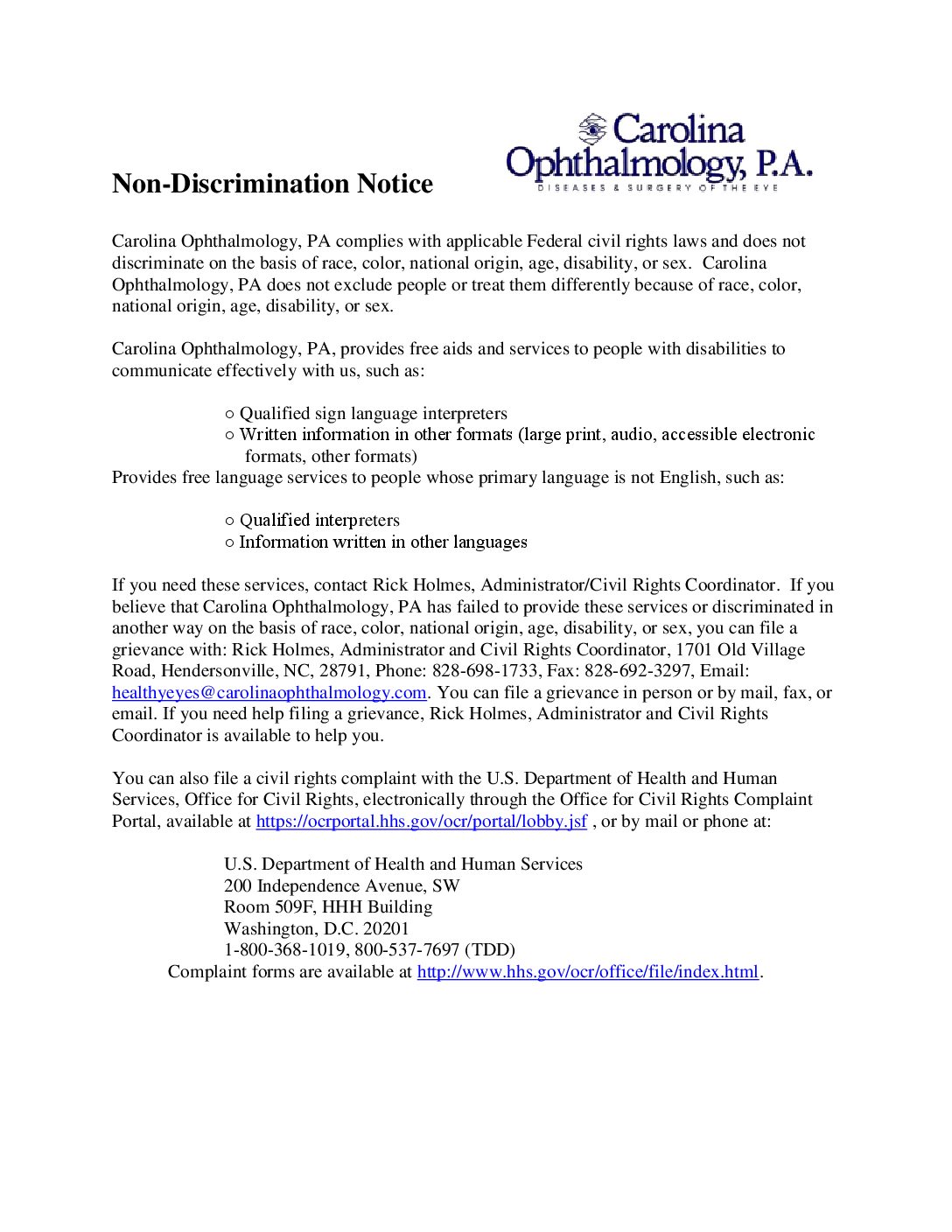 1557 Website Nondiscrimination Notice Carolina Ophthalmology P A